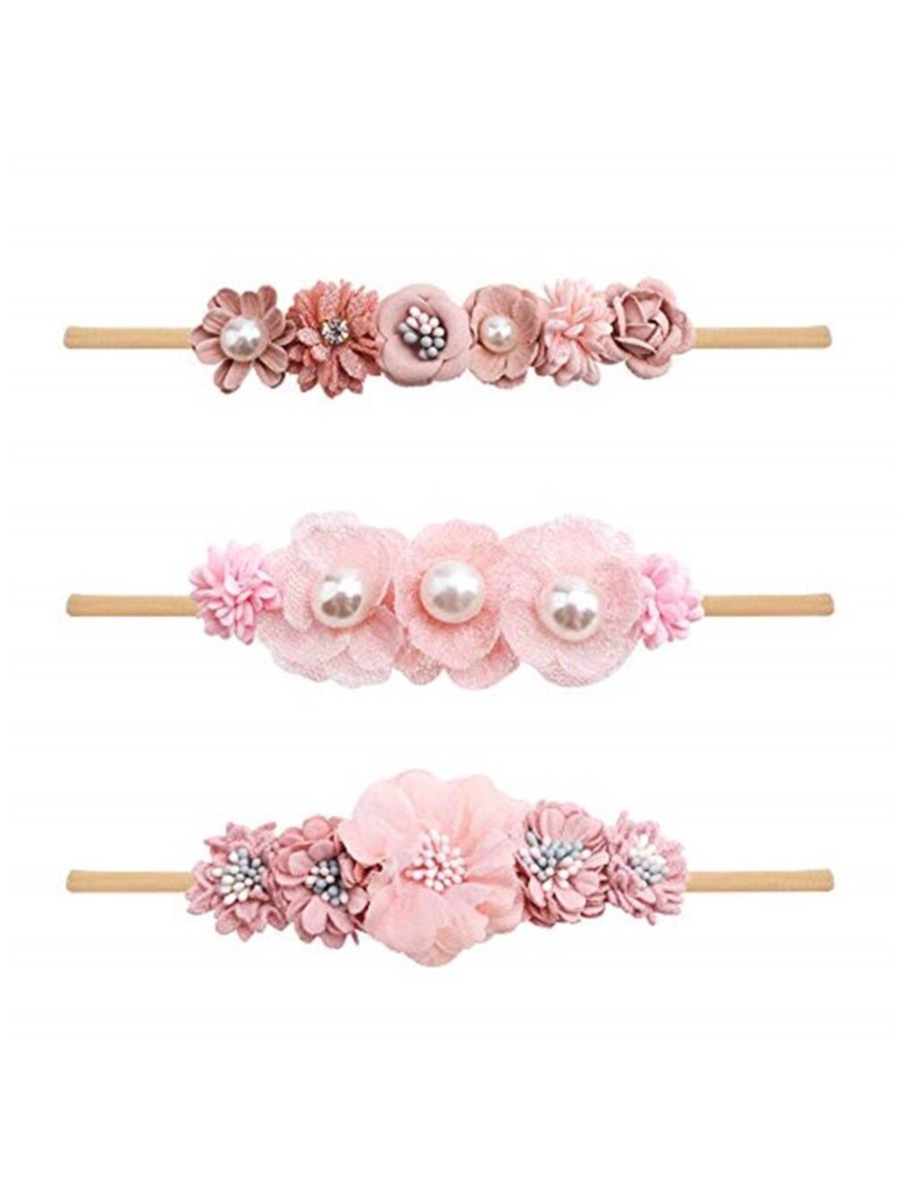 Baby Girl Headbands 3 Pack Pink Flower Nylon Hair Bands Newborn Infant Toddler